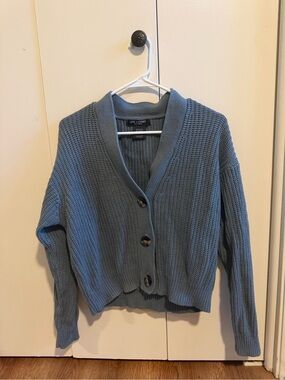 Cropped Blue Button-Front Waffle Knit Sweater